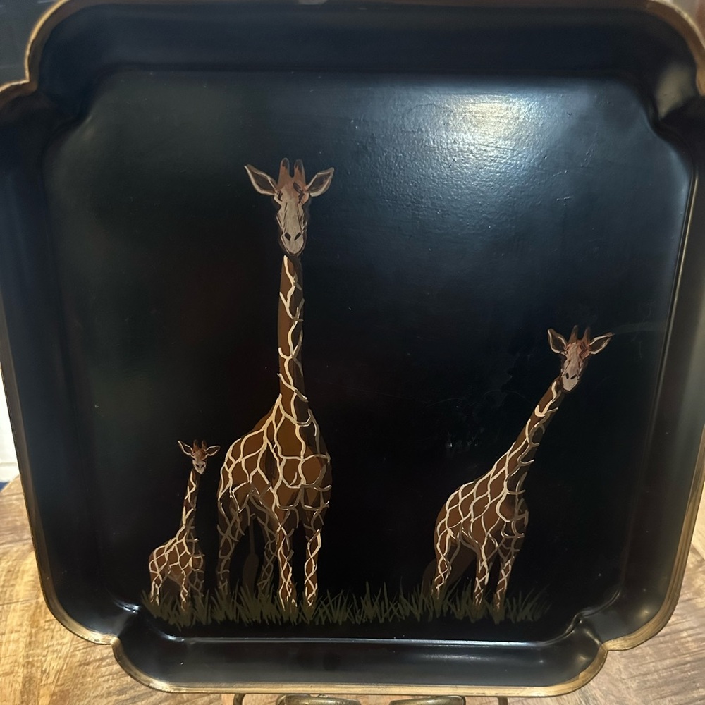 Vintage Centrum Handpainted Giraffe Serving Tray Black Metal Safari 12x12” 1989